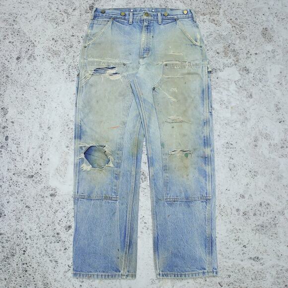THRASHED Vintage Carhartt B07 DNM Faded Blue Jeans Denim Double Knee Pant 34x31 - Picture 1 of 16